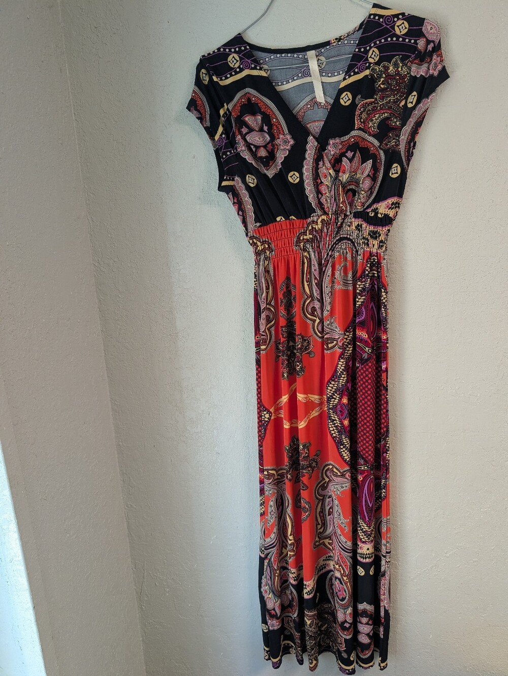 Y2K Paisley V Neck Maxi Dress L Red Black Stretch Faux Wrap Boho Cottage Whimsy